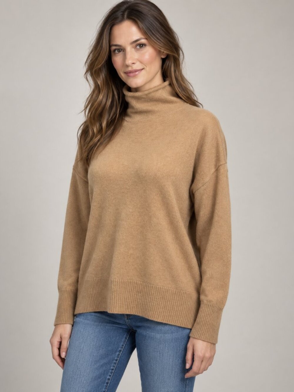 Nordstrom XS Tan 100% Cashmere Mock Neck Top Sweater Quiet Luxury Pullover